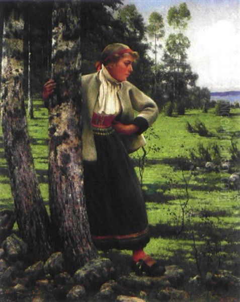 Sommarlandskap Med Ung Kvinna I Folkdrakt Oil Painting by August Vilhelm Nikolaus Hagborg