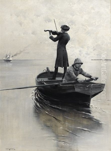 Violoniste Rejoignant Un Navire, En Grisaille Oil Painting by August Vilhelm Nikolaus Hagborg