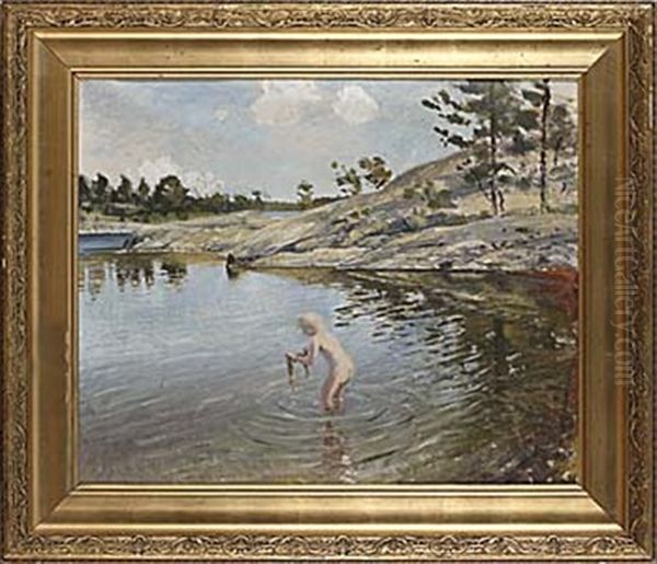 Badande Pojke Oil Painting by August Vilhelm Nikolaus Hagborg