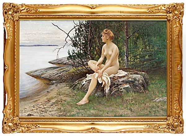 Efter Badet Oil Painting by August Vilhelm Nikolaus Hagborg