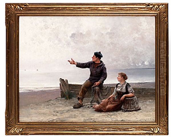 Fiskarpar Vid Kusten Oil Painting by August Vilhelm Nikolaus Hagborg