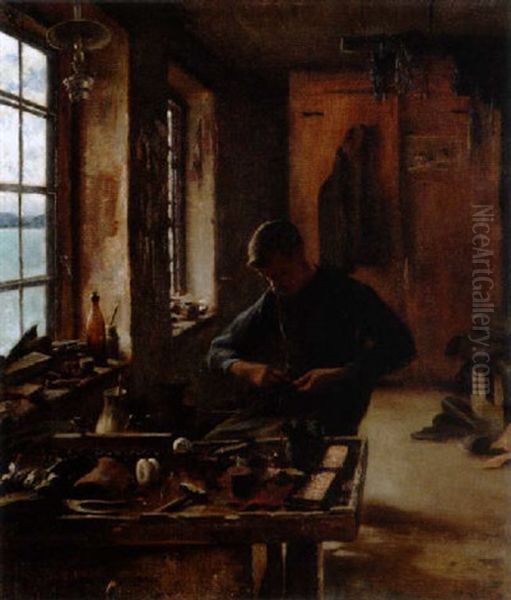 Skomakarverkstad Oil Painting by August Vilhelm Nikolaus Hagborg