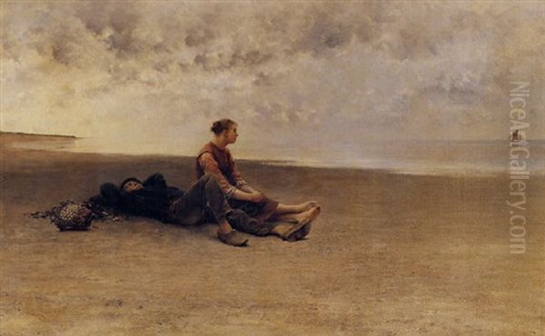 Daydreaming On The Beach Oil Painting by August Vilhelm Nikolaus Hagborg