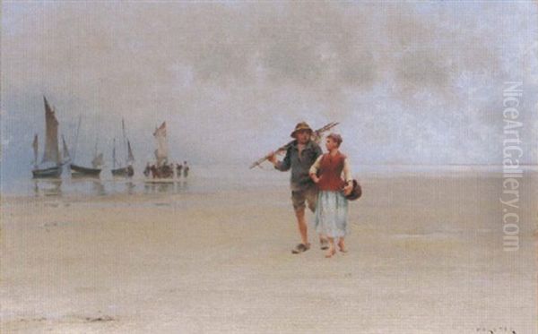 After The Catch Oil Painting by August Vilhelm Nikolaus Hagborg