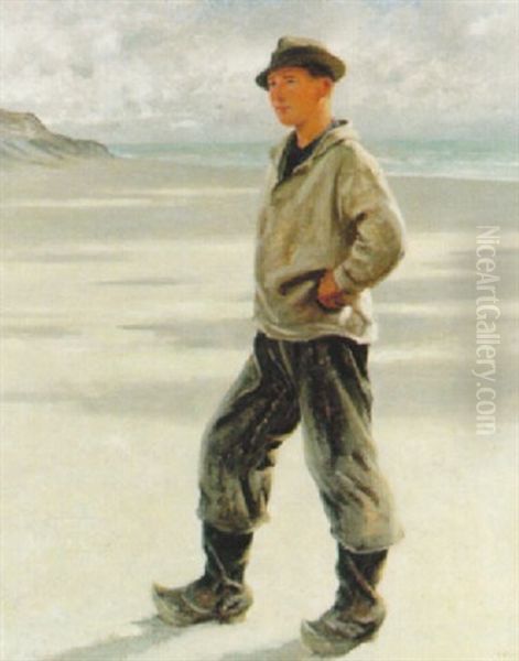 Fiskarpojke Pa Stranden Oil Painting by August Vilhelm Nikolaus Hagborg