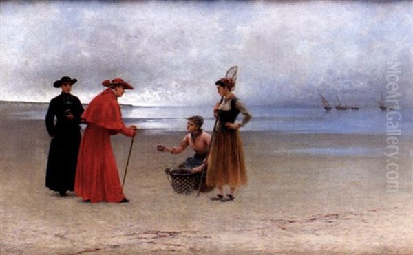 Musselplockerskor Med Kardinal Pa Strand Oil Painting by August Vilhelm Nikolaus Hagborg