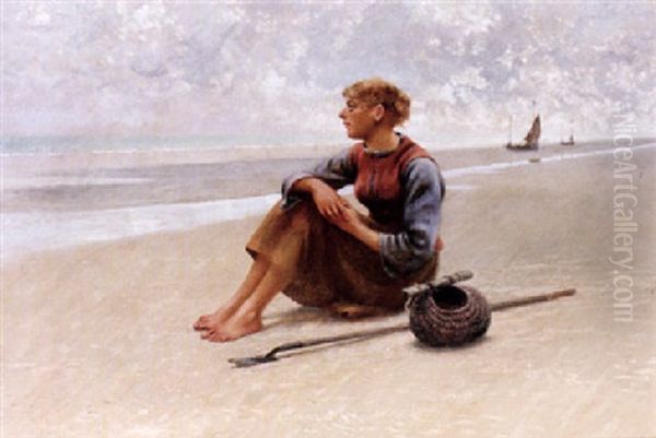 Ostronplockerska Sittande Pa Stranden Oil Painting by August Vilhelm Nikolaus Hagborg