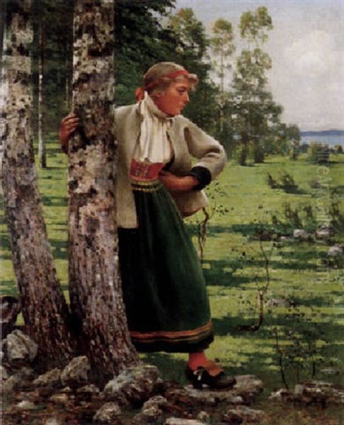 Kvinna I Folkdrakt Vid Trad Oil Painting by August Vilhelm Nikolaus Hagborg