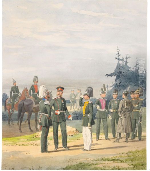 Russian Officers And Men Oil Painting by Piotr Ivanovich Balashov