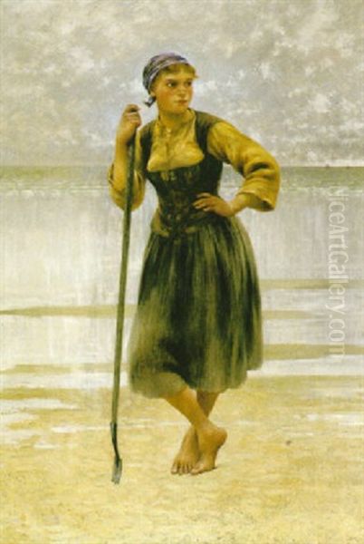 Musslplockerska Pa Stranden Oil Painting by August Vilhelm Nikolaus Hagborg