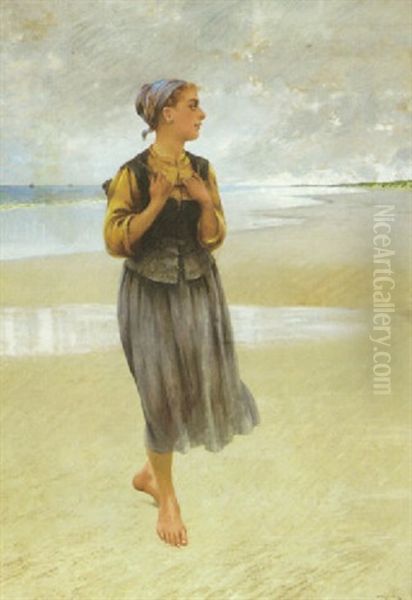 A Breton Girl On The Beach Oil Painting by August Vilhelm Nikolaus Hagborg