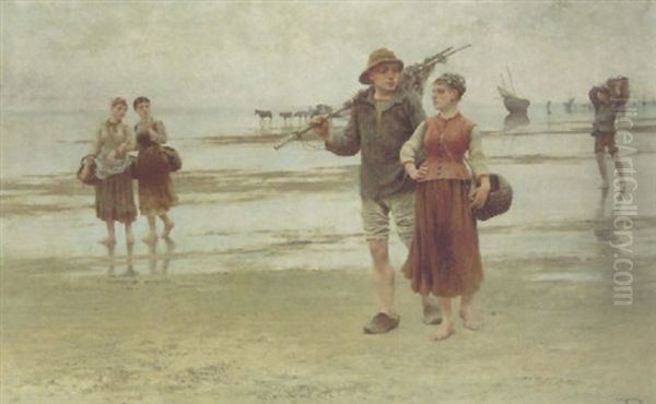 Fisherfolk On The Beach Oil Painting by August Vilhelm Nikolaus Hagborg