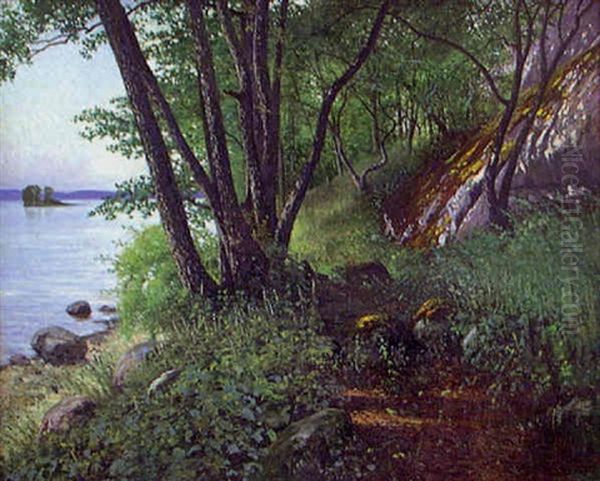 Trad Vid Solig Strandkant Oil Painting by August Vilhelm Nikolaus Hagborg