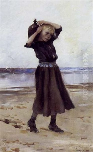 Lille Pige I Strandkanten Oil Painting by August Vilhelm Nikolaus Hagborg