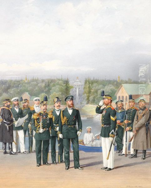 Officers And Men Standing By The Waterfalls Of The Neptune Fountain At Peterhof Oil Painting by Piotr Ivanovich Balashov