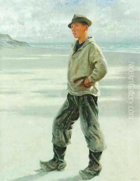 Fiskarpojke Pa Stranden Oil Painting by August Vilhelm Nikolaus Hagborg