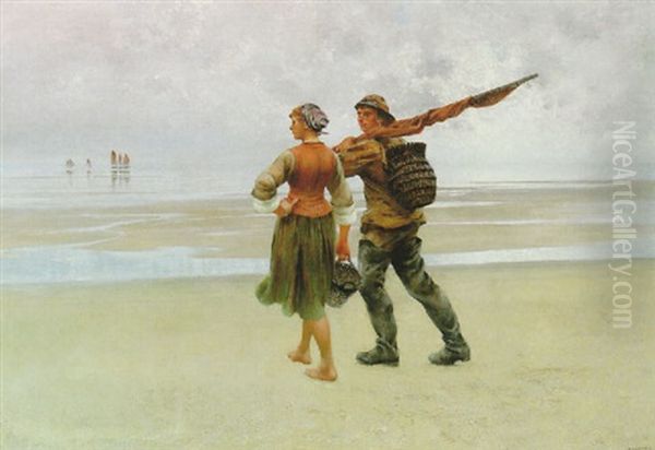 Strandbild Med Fiskarpar Oil Painting by August Vilhelm Nikolaus Hagborg