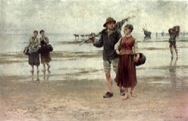 Fisherfolk On The Beach Oil Painting by August Vilhelm Nikolaus Hagborg