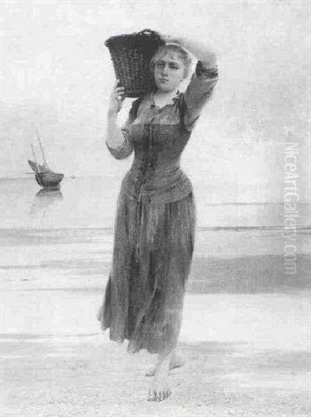 Woman Carrying Basket Along The Shore Oil Painting by August Vilhelm Nikolaus Hagborg