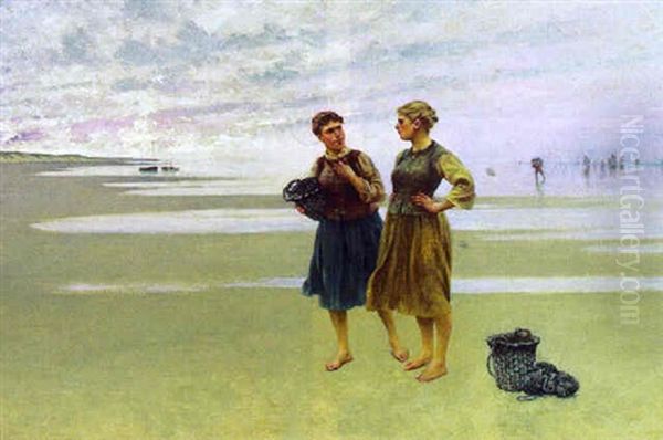 Ostronplockerskor Pa Stranden Oil Painting by August Vilhelm Nikolaus Hagborg