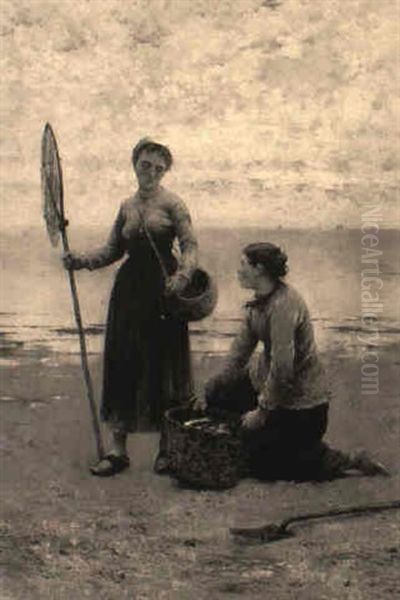 Breton Women On A Beach With A Basket Of Fish Oil Painting by August Vilhelm Nikolaus Hagborg