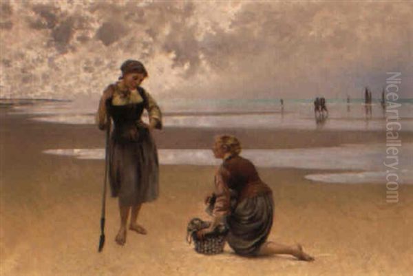 Musselplockning Vid Ebb Oil Painting by August Vilhelm Nikolaus Hagborg