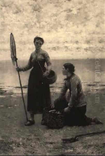 Breton Women On A Beach With A Basket Of Fish Oil Painting by August Vilhelm Nikolaus Hagborg