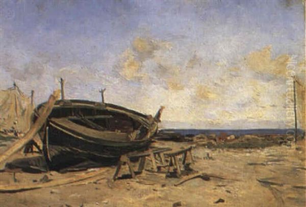 Strandlandskap Med Uppdragen Bat Oil Painting by August Vilhelm Nikolaus Hagborg