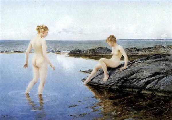 Two Women Bathing Oil Painting by August Vilhelm Nikolaus Hagborg