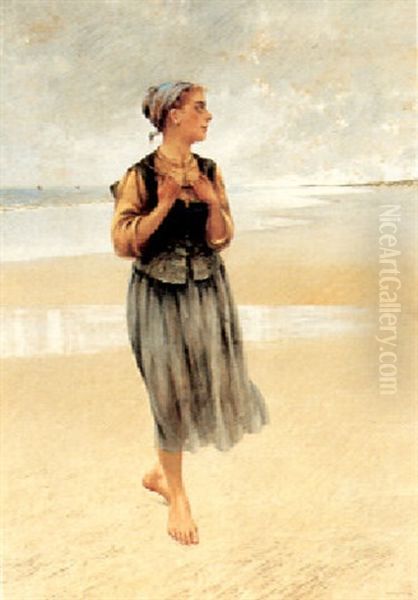 A Fisherwoman On A Shore Oil Painting by August Vilhelm Nikolaus Hagborg