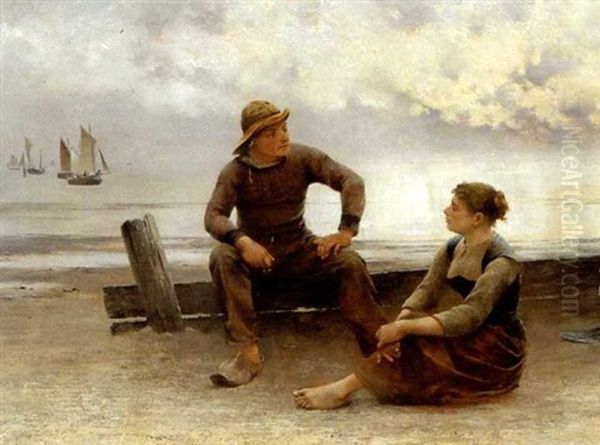 Fiskarpar Pa Strand Oil Painting by August Vilhelm Nikolaus Hagborg