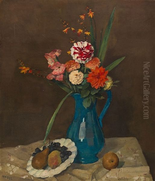 Blumenstillleben Mit Obstteller Oil Painting by Alfred Hagel