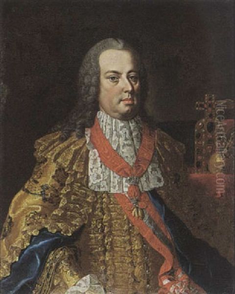 A Portrait Of Franz I Stephan Of Lotharingen, Emperor Of Austria, Wearing  The Order Of The Golden Fleece, In Front Of A Table With The Crown Of The Holy Roman Empire Oil Painting by Michael Christoph Emanuel Hagelgans