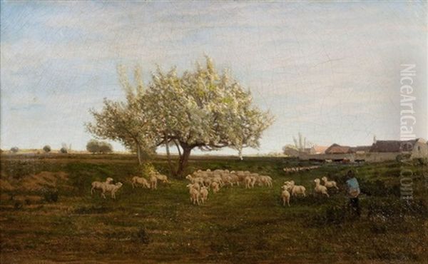 Bergers Et Leur Troupeau Sous Le Pommier Oil Painting by Godefroy de Hagemann