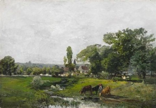 Weidelandschaft Am Dorfrand Oil Painting by Godefroy de Hagemann