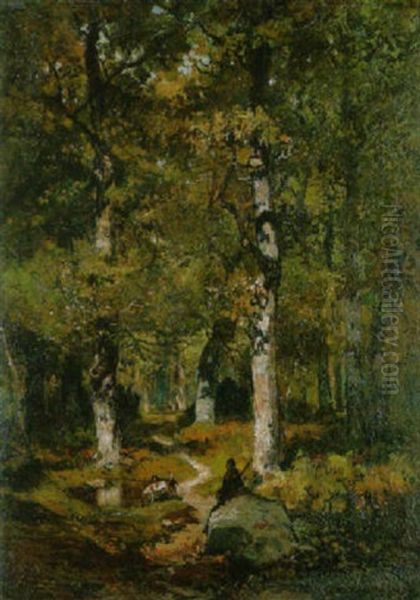 Waldlandschaft Mit Einem Jager Oil Painting by Godefroy de Hagemann