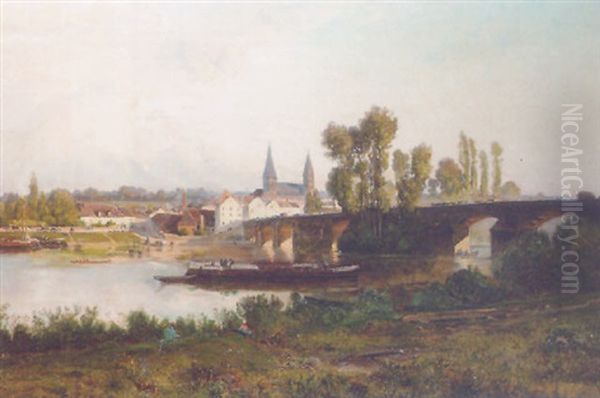 Barges On A River With A Town Beyond Oil Painting by Godefroy de Hagemann