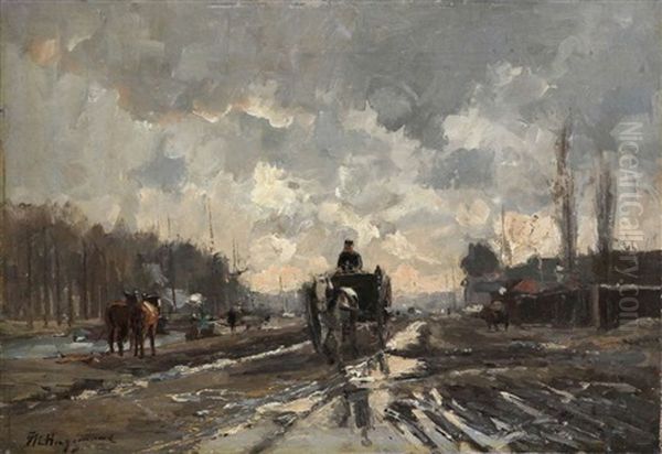 Work Horses By The Canal Oil Painting by Maurice Hagemans