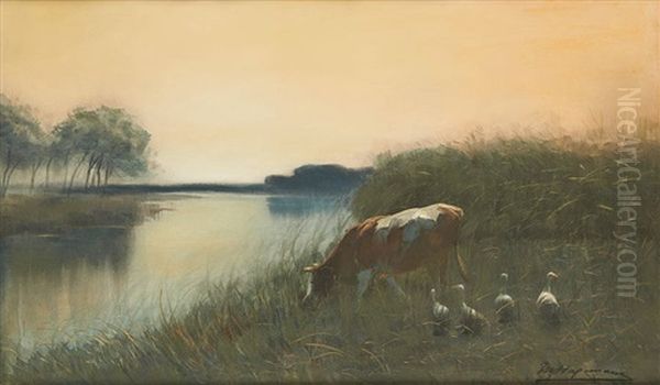 Vache Et Canards Pres De La Mare Oil Painting by Maurice Hagemans