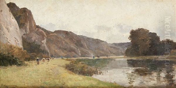 La Conduite Du Troupeau En Bord De Riviere Oil Painting by Maurice Hagemans