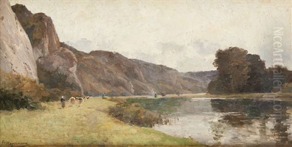 La Conduite Du Troupeau En Bord De Riviere Oil Painting by Maurice Hagemans