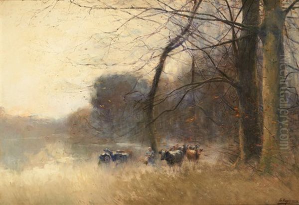 Troupeau Au Lever De Brume Oil Painting by Maurice Hagemans