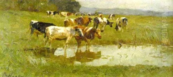 Paysage Avec Vaches A L'abreuvoir Oil Painting by Maurice Hagemans