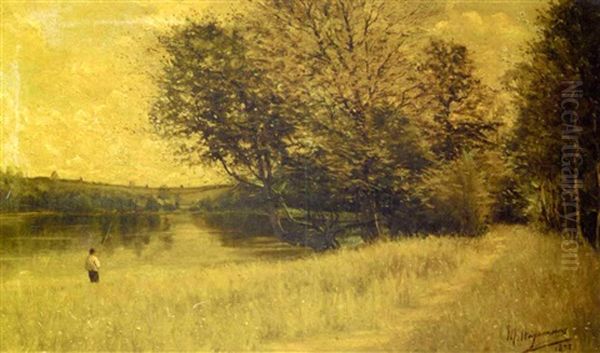 Pecheur Au Bord De L'etang Oil Painting by Maurice Hagemans