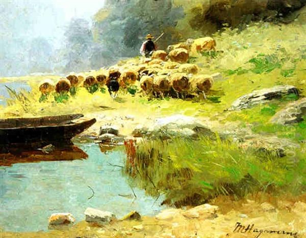 Moutons Au Bord De L'eau Oil Painting by Maurice Hagemans