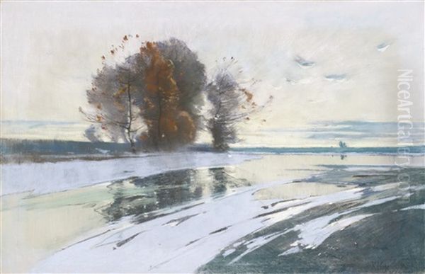 Winter Sky Reflected In A Lake Oil Painting by Karl Hagemeister