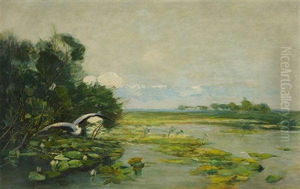 Aufsteigender Graureiher Am Havelufer Oil Painting by Karl Hagemeister