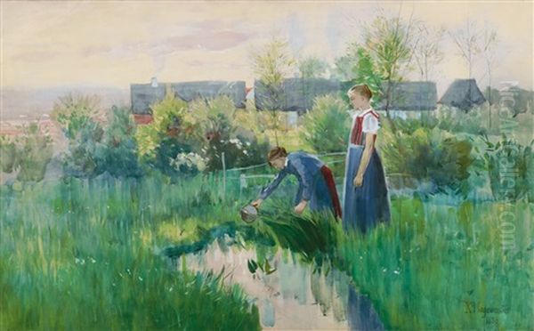 Zwei Madchen Beim Wasserholen Oil Painting by Karl Hagemeister