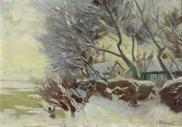 Winter Im Dorf Am See Oil Painting by Karl Hagemeister