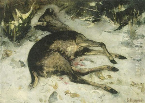 Erlegtes Reh Im Verschneiten Wald Oil Painting by Karl Hagemeister